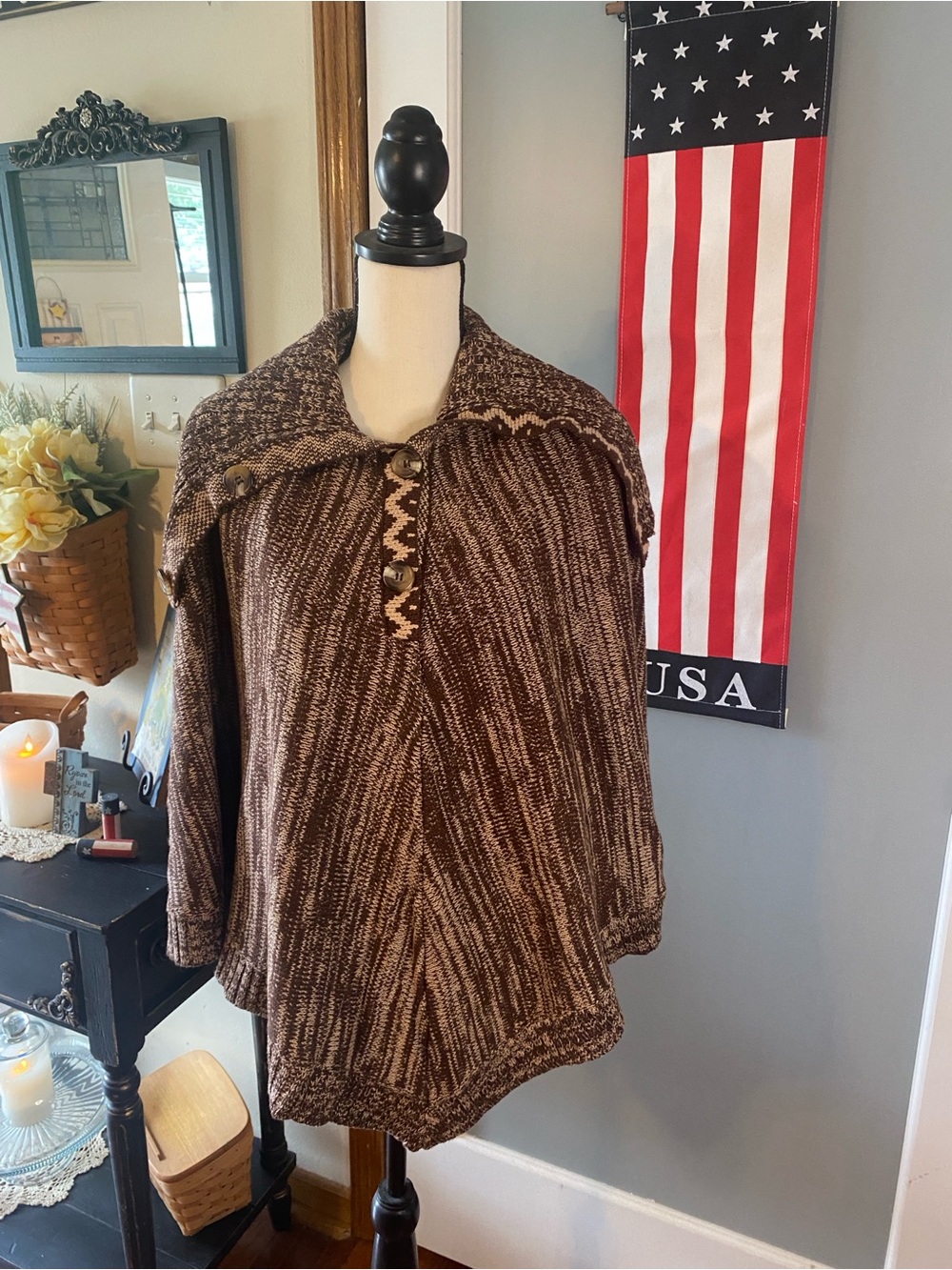 Brown Knit Button-Accent Poncho Sweater